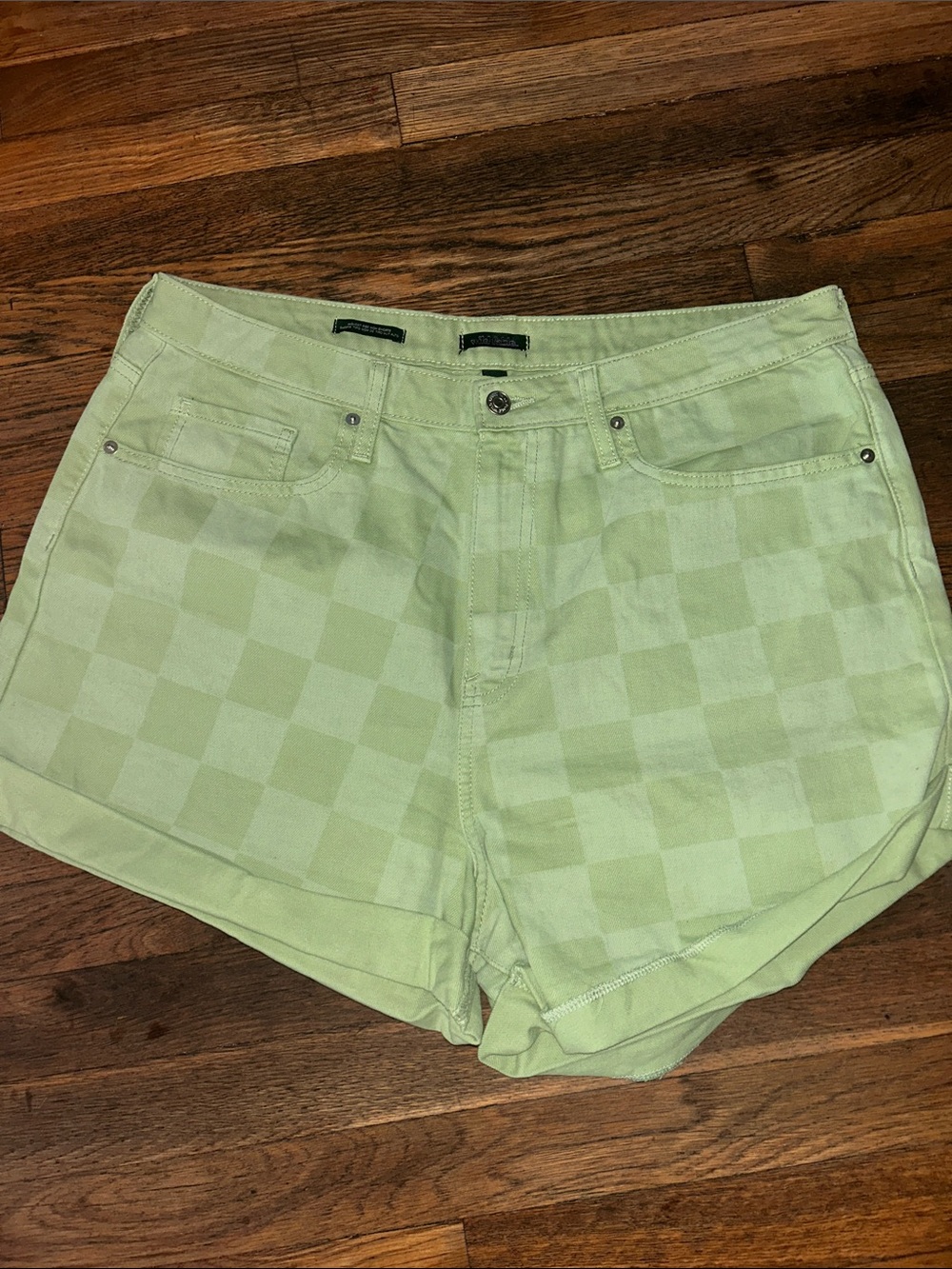 wild fable Light Green Checkerboard High-Rise Denim Shorts